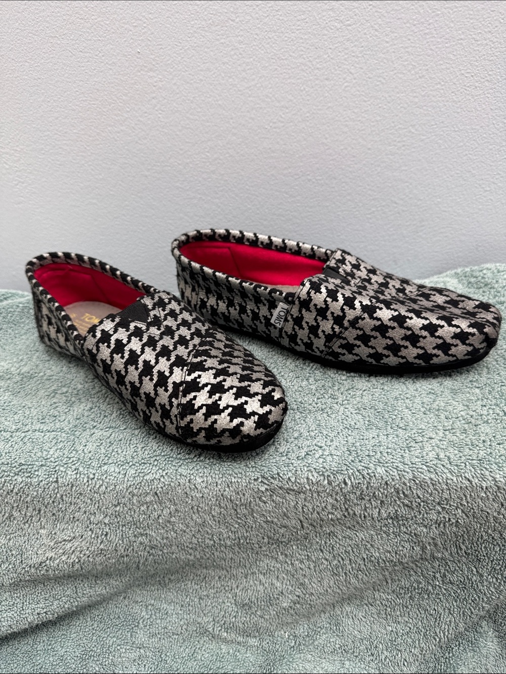 Toms Black & White Houndstooth Slip-On Loafers with Red Lining